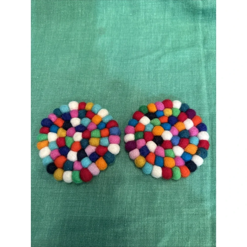 Round Felt Ball Coasters Felted  Wool Insulation Pad Set Of 2‎ Multi  Colored